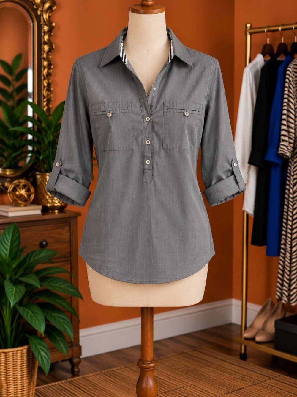 New York & Company Gray Button-Front Collared Henley Blouse